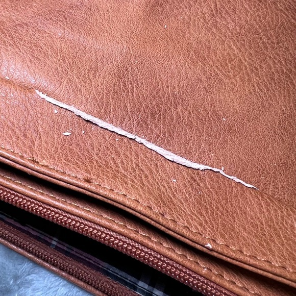 Vintage Style Tan Faux Leather Satchel Bag Plaid Lining Handle Shoulder Strap - Picture 13 of 13